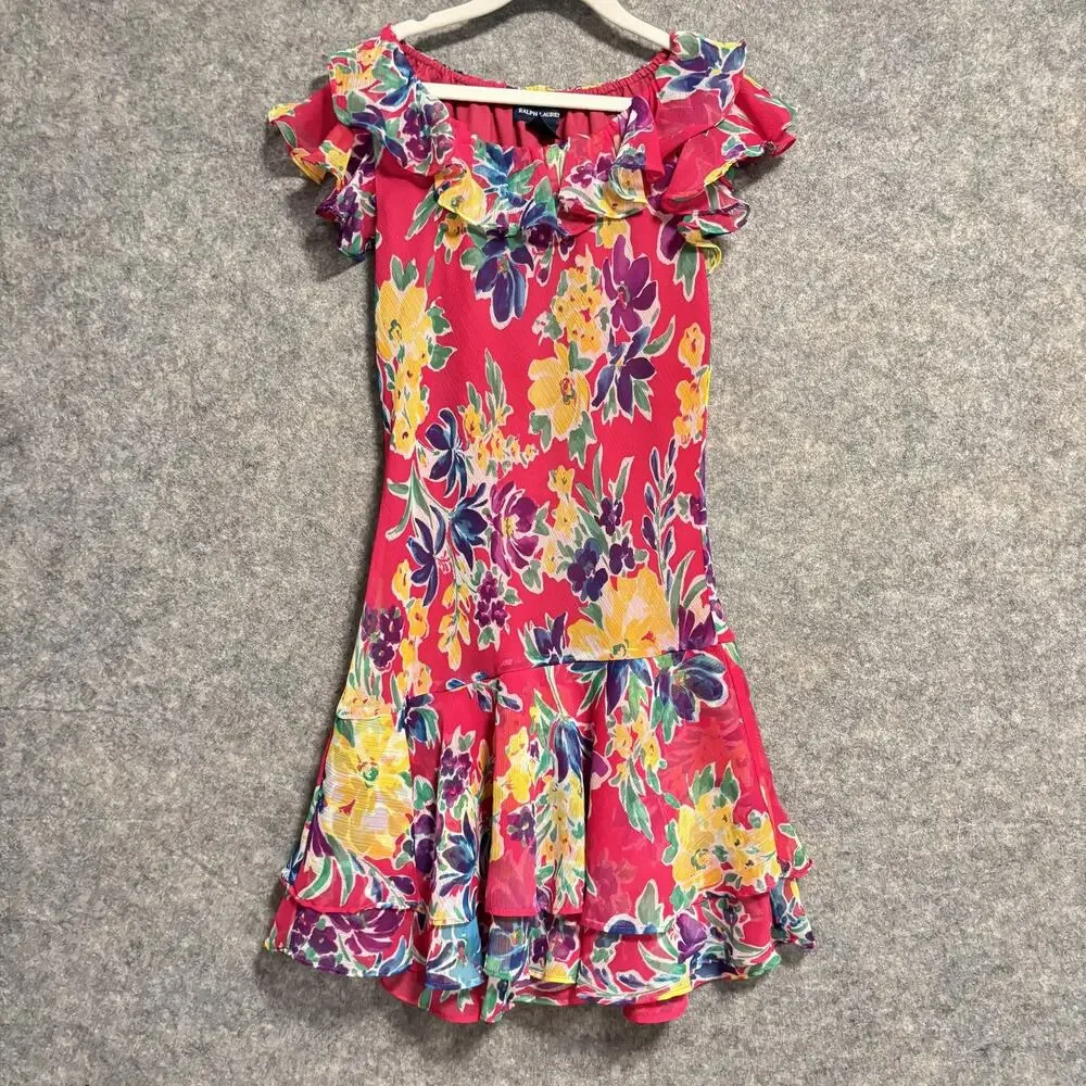 Ralph Lauren Dress Girls Size 10 Pink Floral Ruffle Flutter Sleeve Sundress